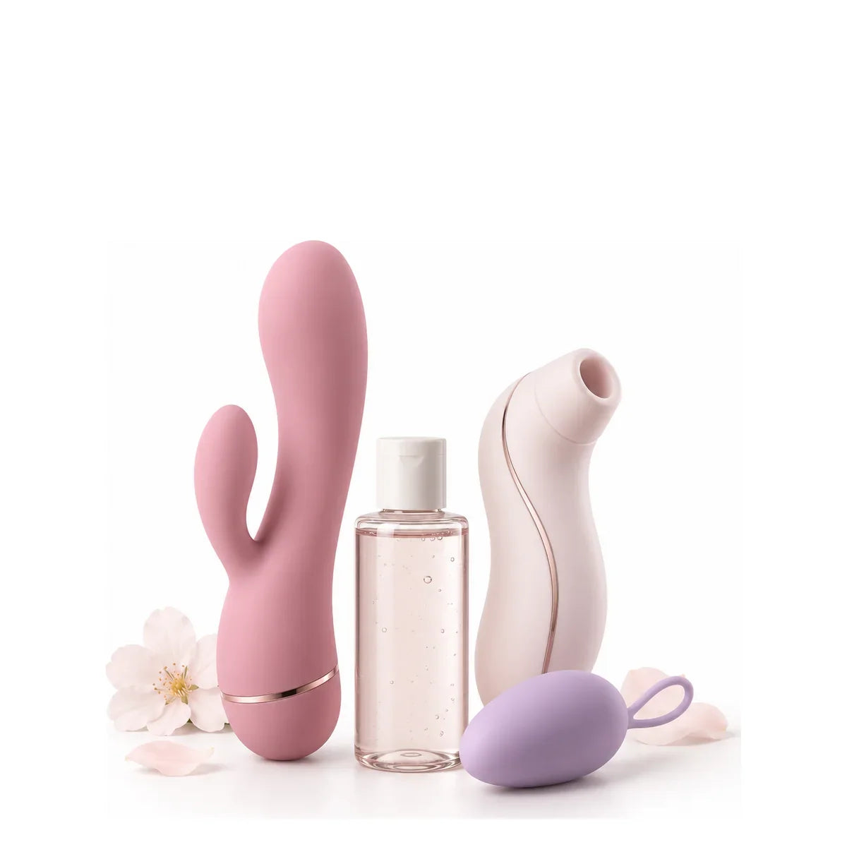 Rosafarbener Rabbit-Vibrator, heller Klitorisstimulator und violettes Vibrationsei neben einer transparenten Flasche.