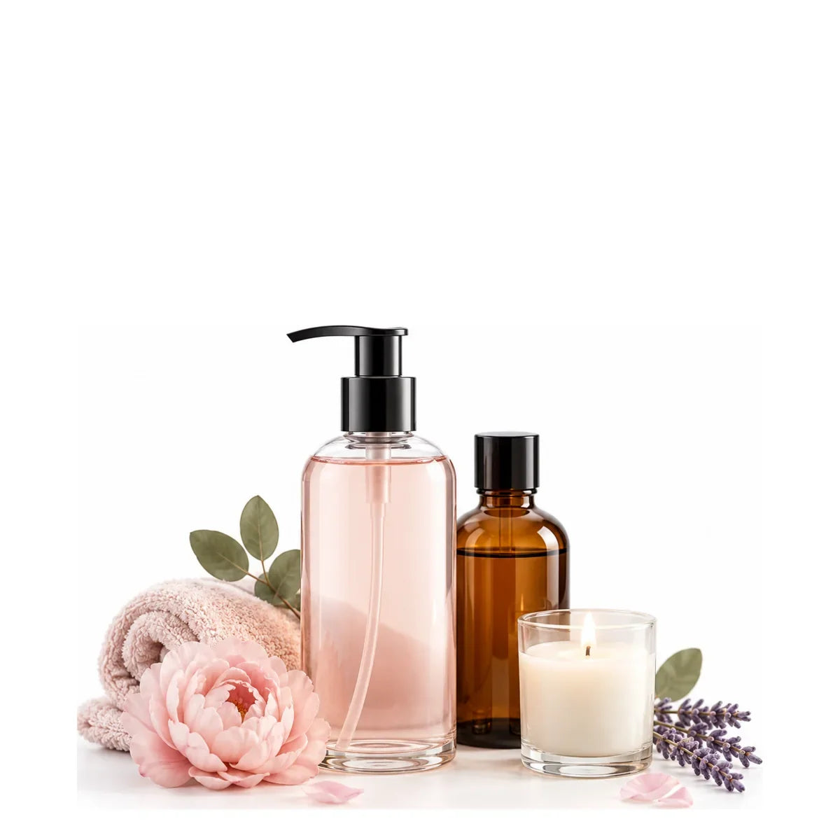 Pumpflasche und braune Flasche neben einer brennenden Kerze, einem rosafarbenen Handtuch und Blüten.
