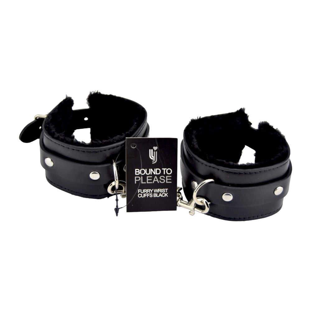 Bound to Please – Plüsch-Handfesseln mit Fellbesatz, schwarz