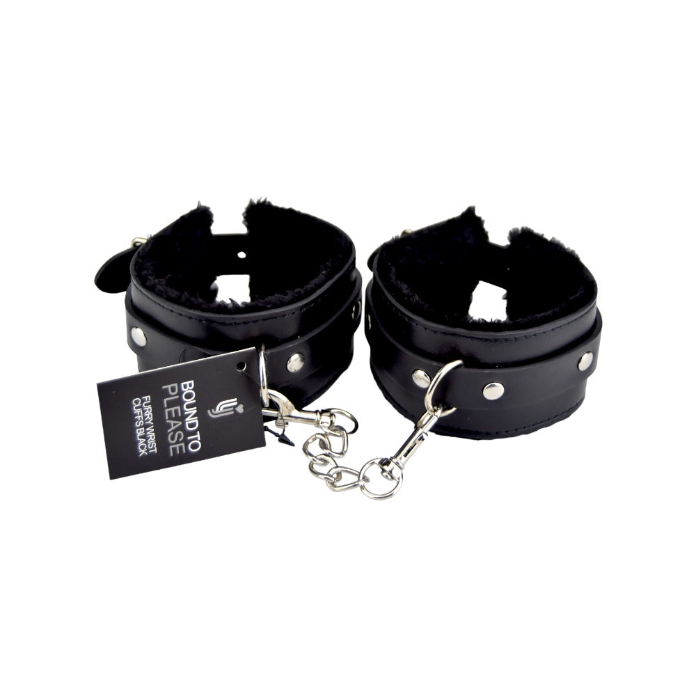 Bound to Please – Plüsch-Handfesseln mit Fellbesatz, schwarz