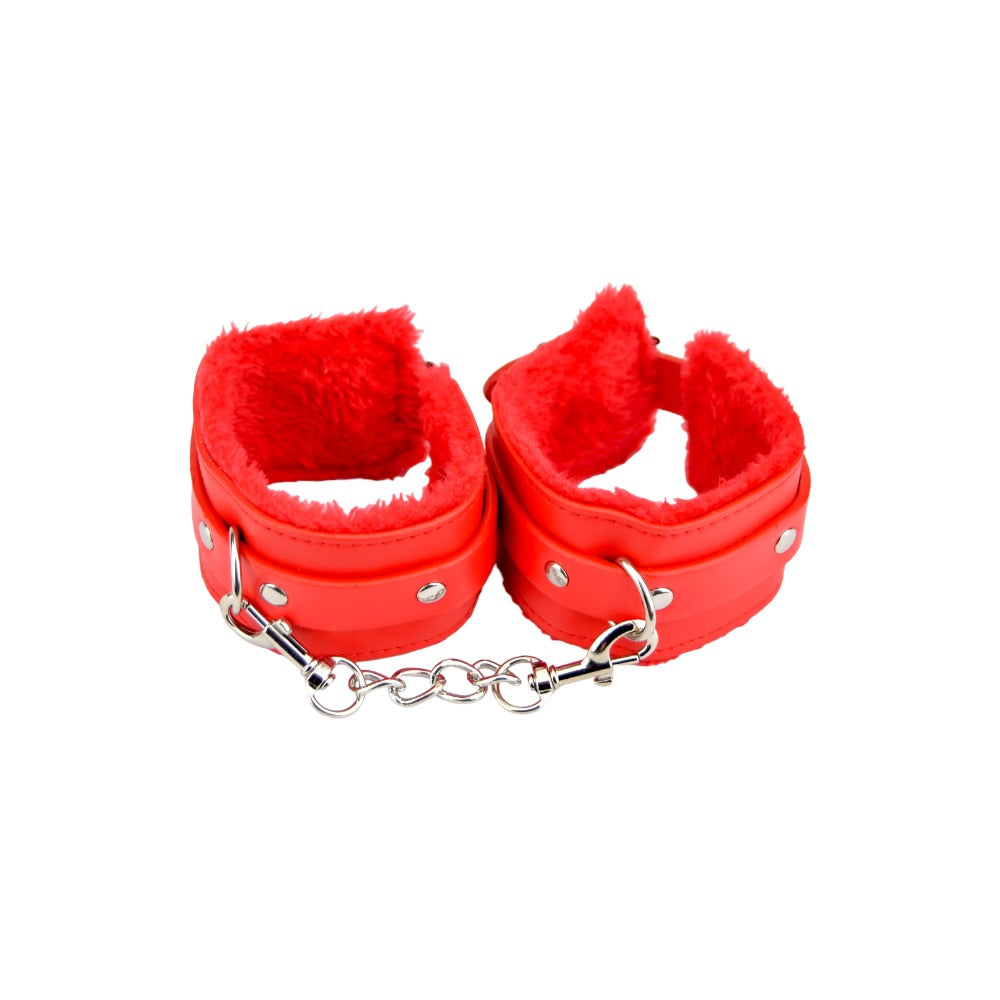 Bound to Please – Plüsch-Handfesseln mit Fellbesatz, rot