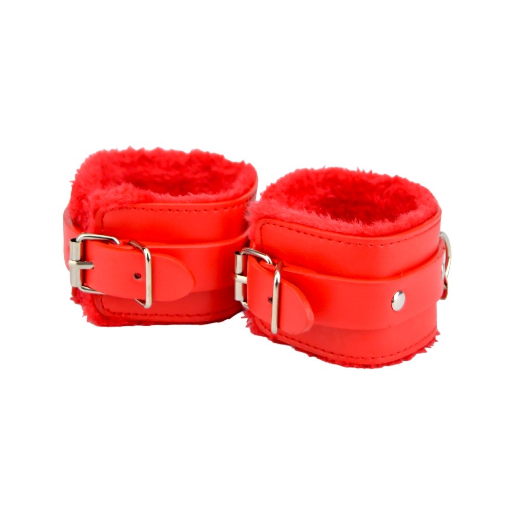 Bound to Please – Plüsch-Handfesseln mit Fellbesatz, rot