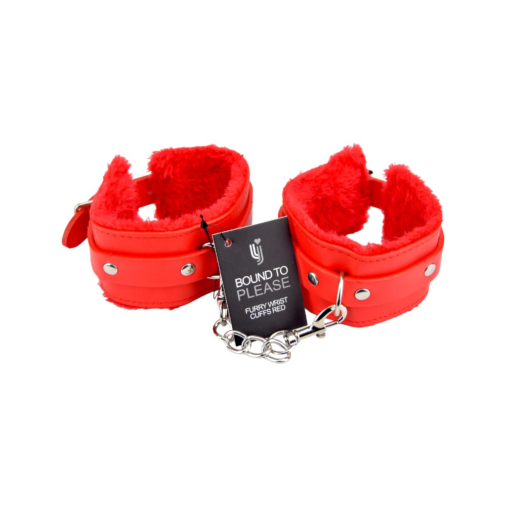 Bound to Please – Plüsch-Handfesseln mit Fellbesatz, rot
