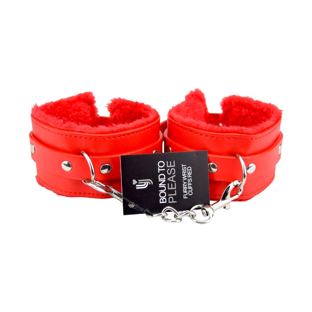 Bound to Please – Plüsch-Handfesseln mit Fellbesatz, rot