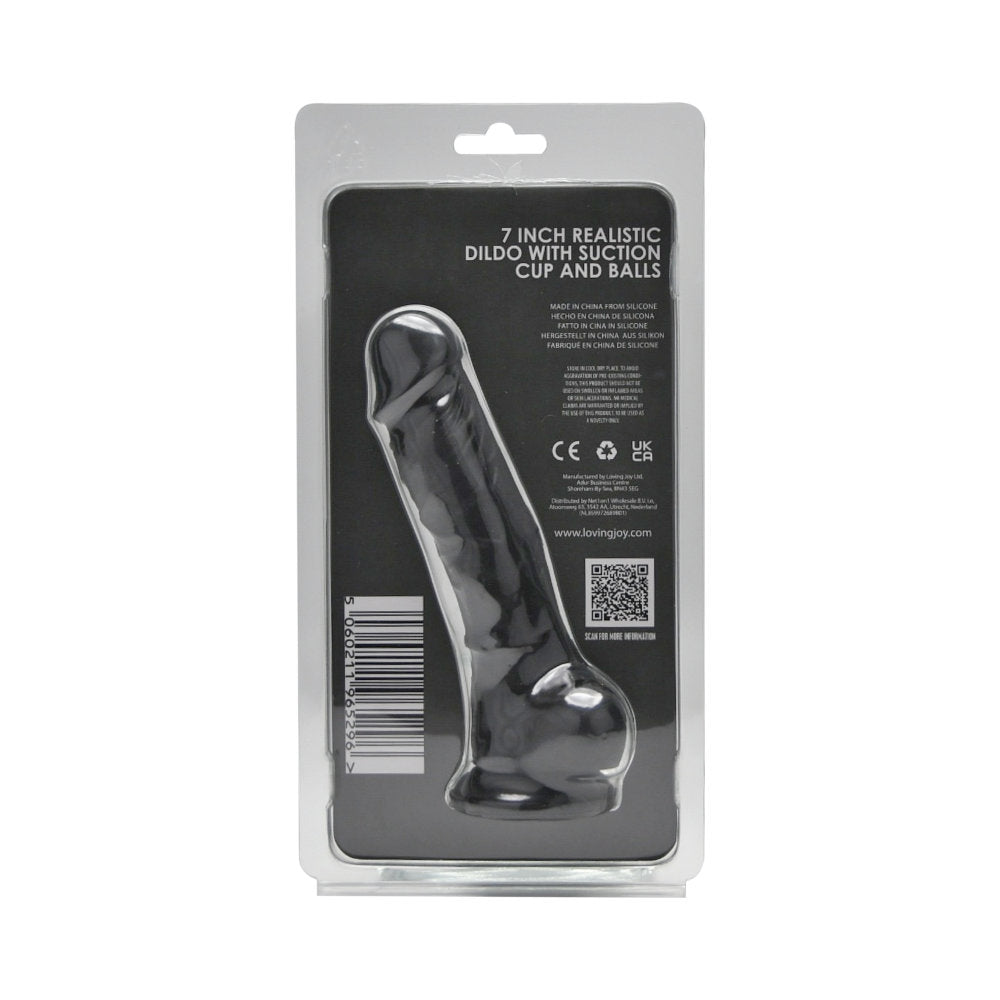 Loving Joy 18,5-cm-Dildo in realistischer Form aus Silikon mit Saugnapf und Hoden, schwarz