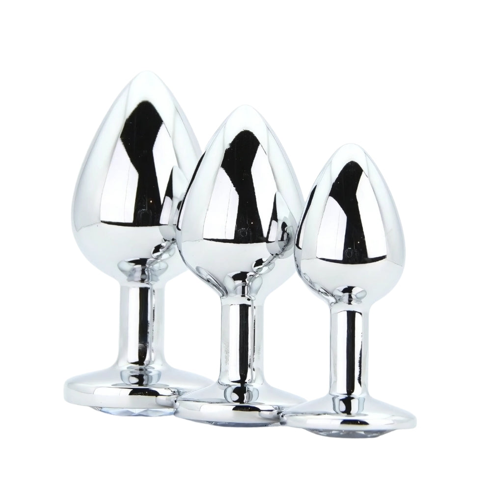 Toosh Metall-Analplug Silber, 3er-Set mit klaren Steinen
