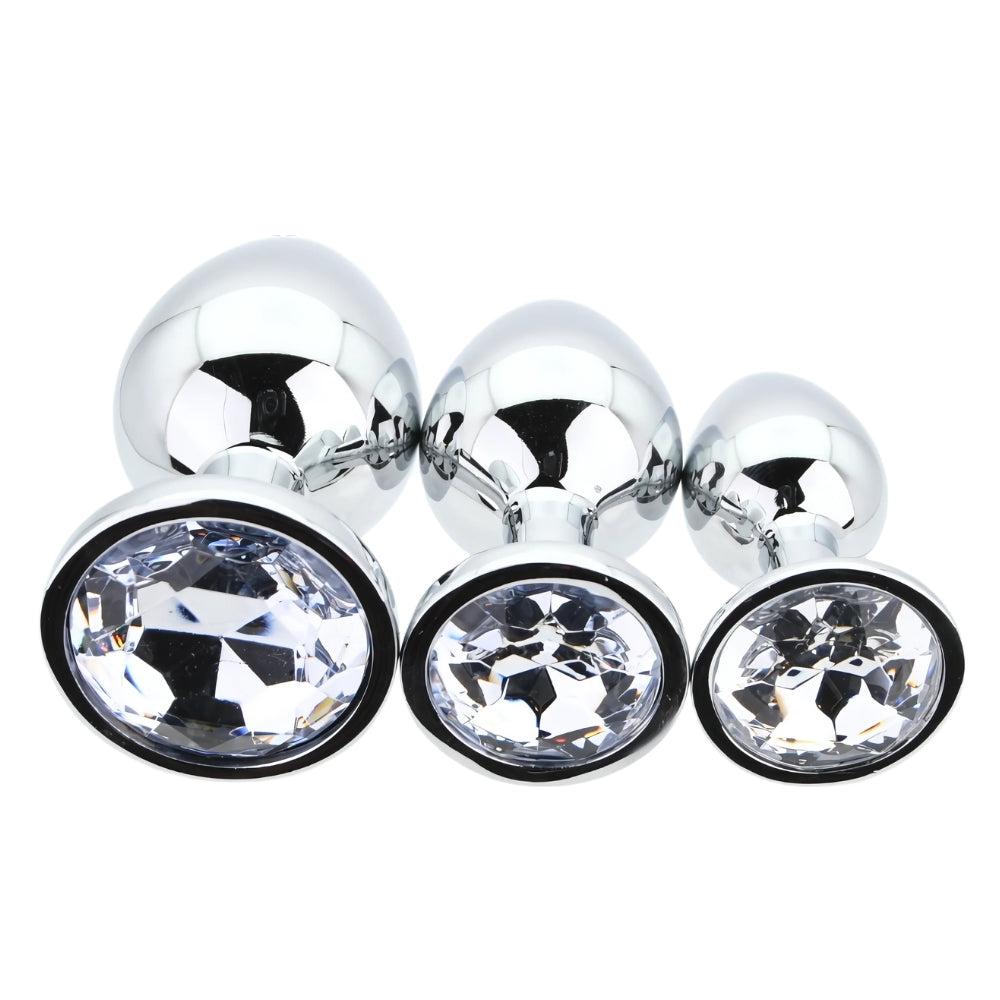 Toosh Metall-Analplug Silber, 3er-Set mit klaren Steinen