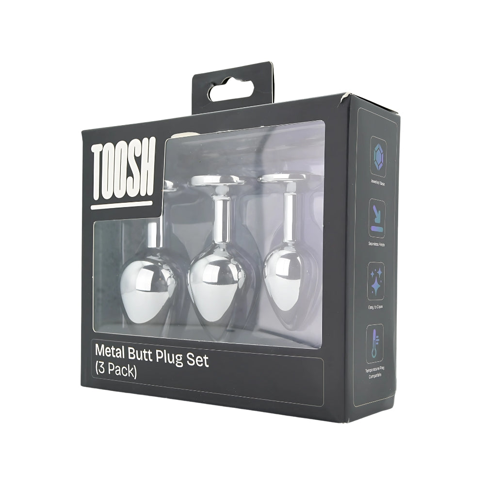Toosh Metall-Analplug Silber, 3er-Set mit klaren Steinen