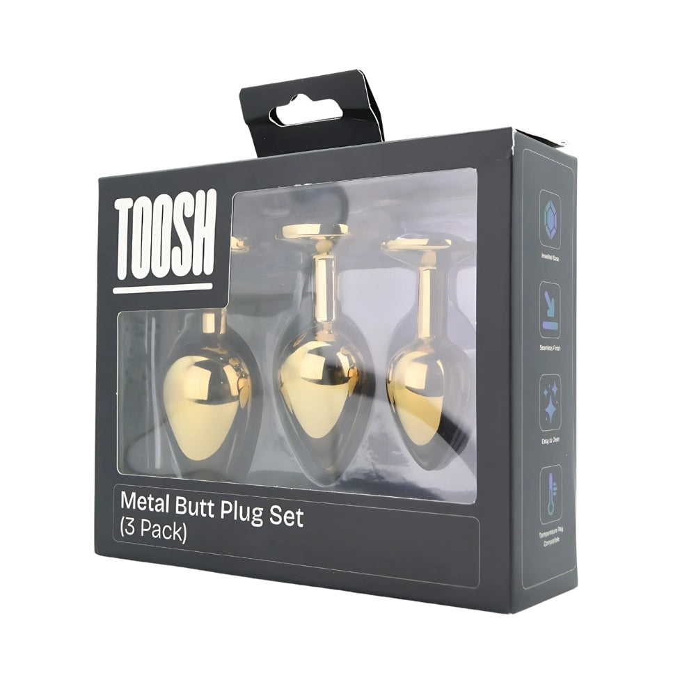 Toosh Metall-Analplug-Set Gold mit 3 Stück und klaren Steinen