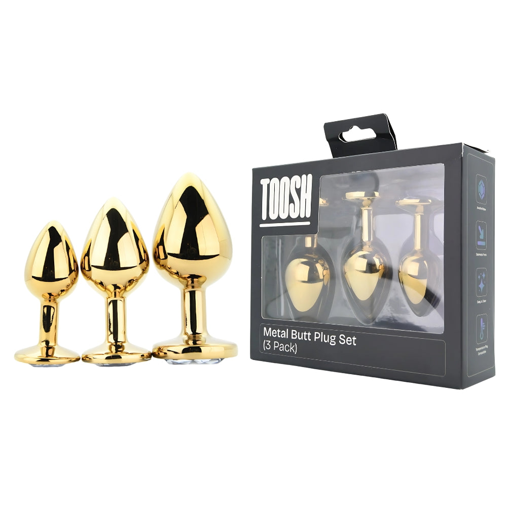 Toosh Metall-Analplug-Set Gold mit 3 Stück und klaren Steinen