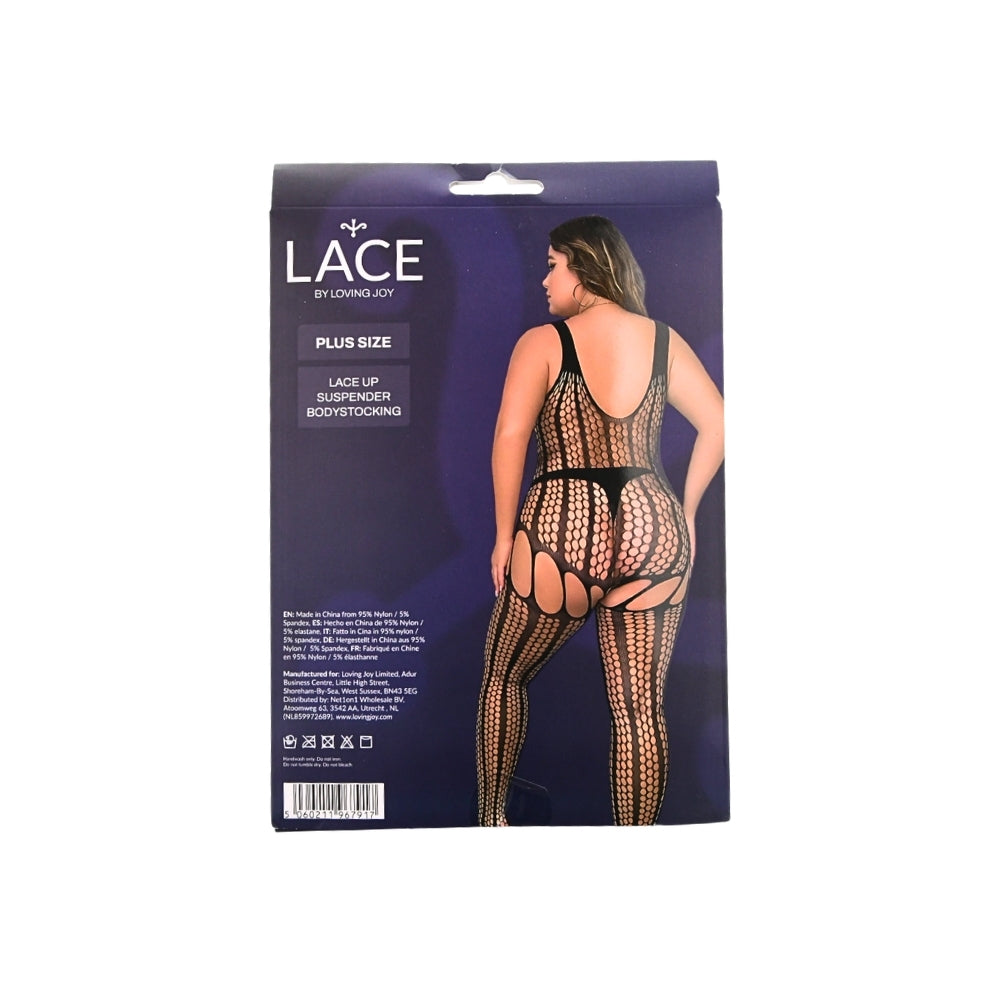 Lace by LJ – Bodystocking mit Schnürung und Strumpfhaltern in großen Größen