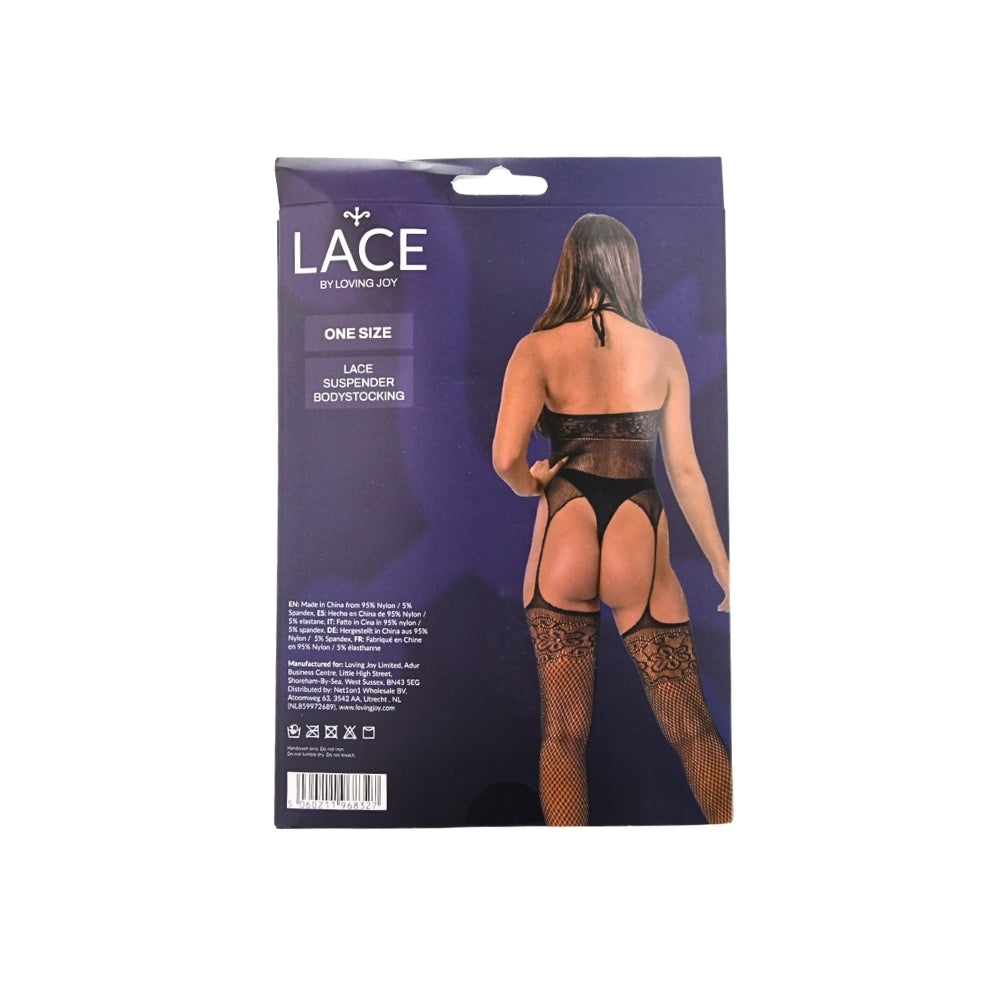 Lace by LJ – Spitzen-Bodystocking mit Strumpfhaltern, schwarz