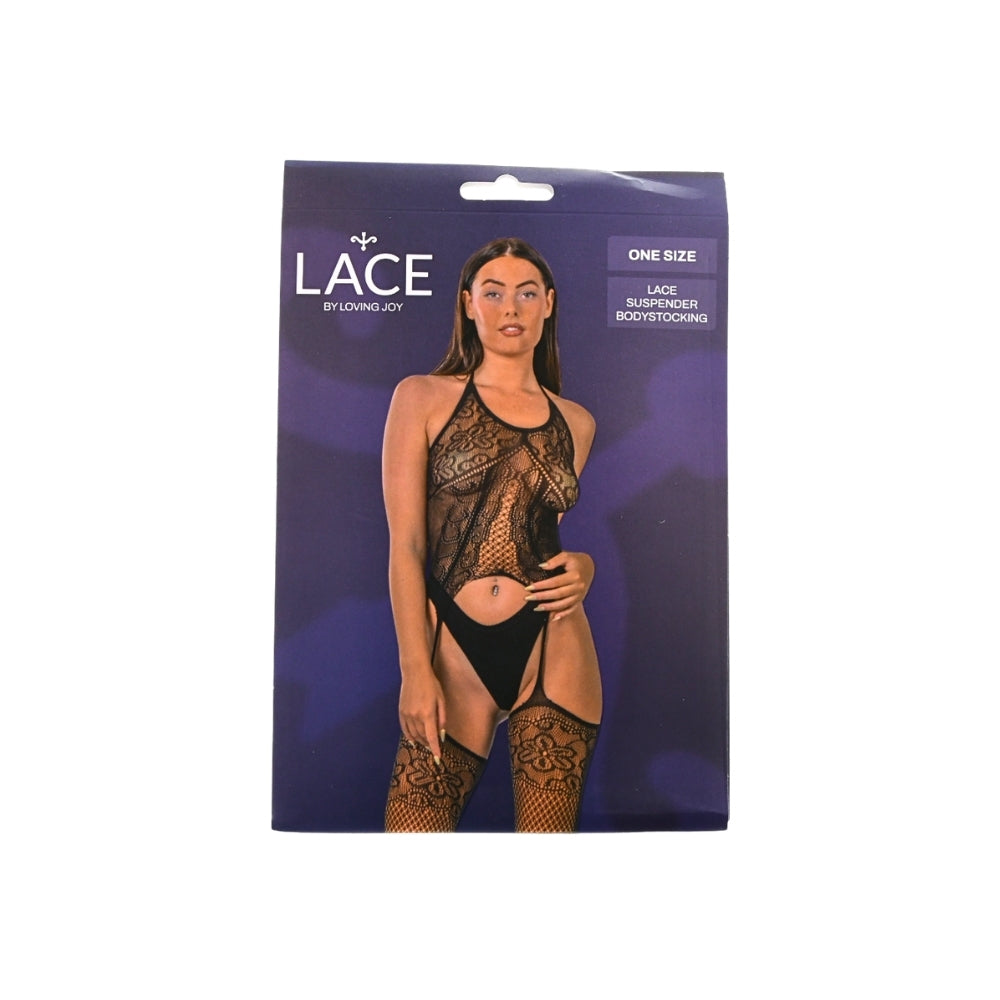 Lace by LJ – Spitzen-Bodystocking mit Strumpfhaltern, schwarz