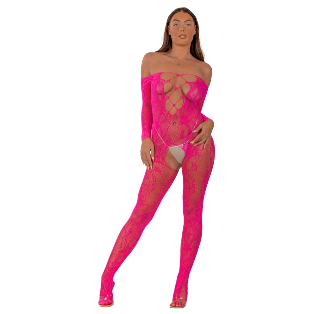 Lace by LJ – Bodystocking mit Schnürung vorne und offenem Schritt, fuchsia
