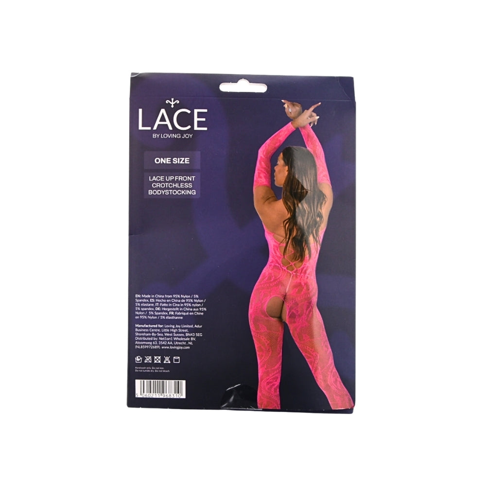 Lace by LJ – Bodystocking mit Schnürung vorne und offenem Schritt, fuchsia