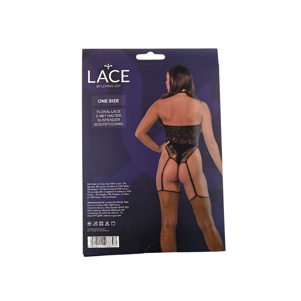 Lace by LJ – Neckholder-Bodystocking aus floraler Spitze und Netz mit Strumpfhaltern, schwarz
