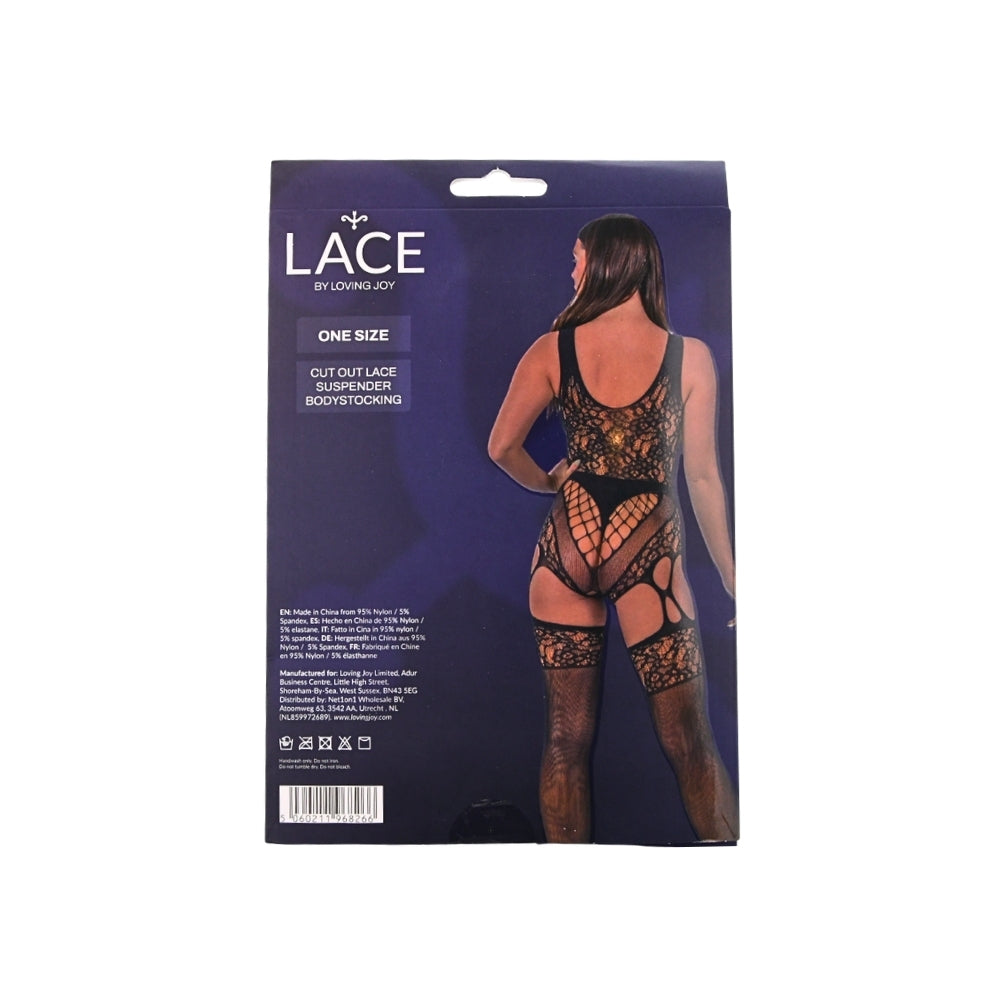 Lace by LJ – Spitzen-Bodystocking mit Aussparungen und Strumpfhaltern, schwarz