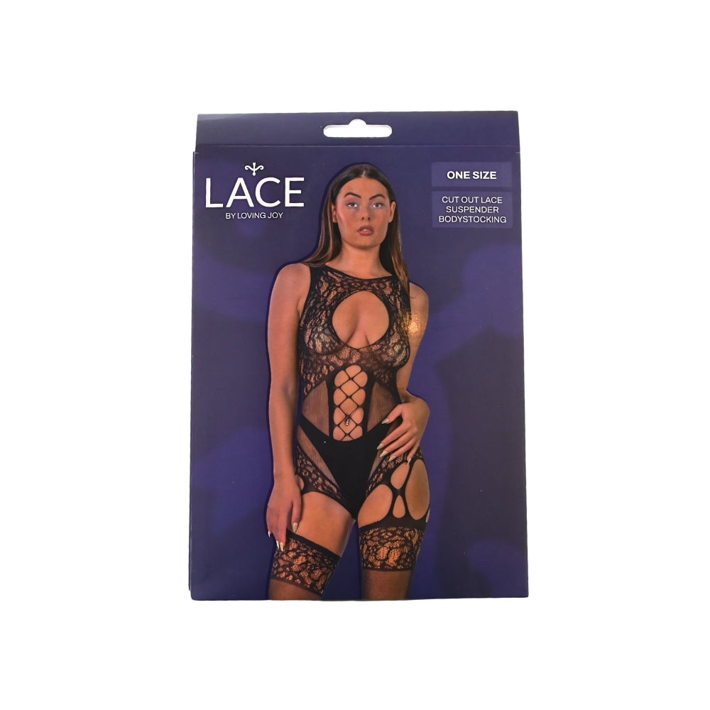 Lace by LJ – Spitzen-Bodystocking mit Aussparungen und Strumpfhaltern, schwarz