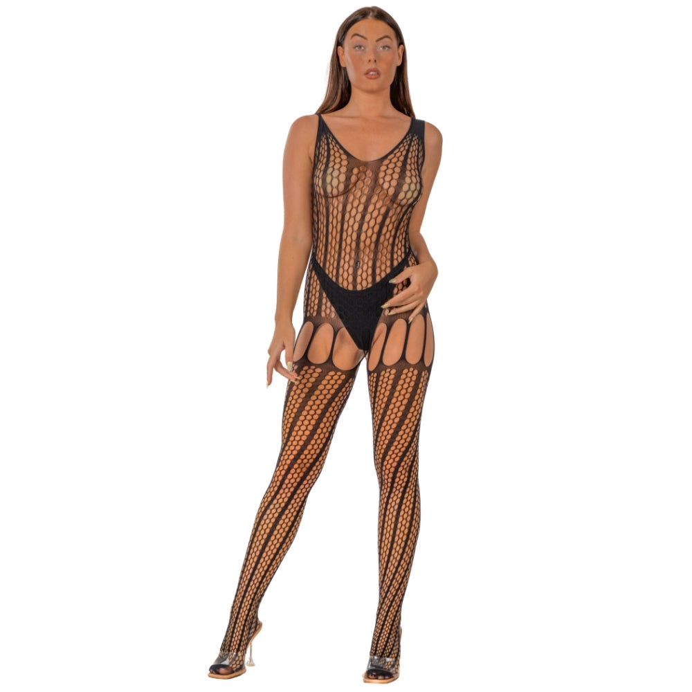 Lace by LJ – Bodystocking in Häkeloptik mit Schnürung am Rücken, schwarz