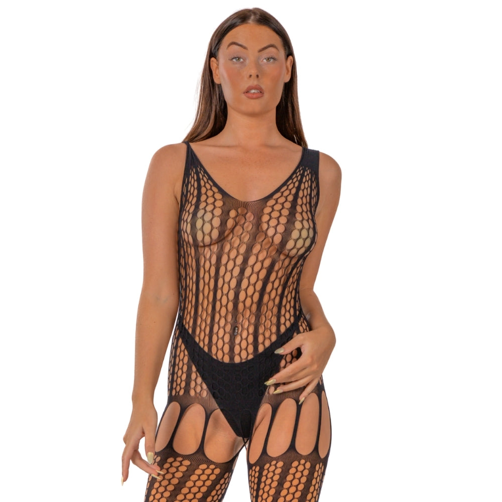 Lace by LJ – Bodystocking in Häkeloptik mit Schnürung am Rücken, schwarz