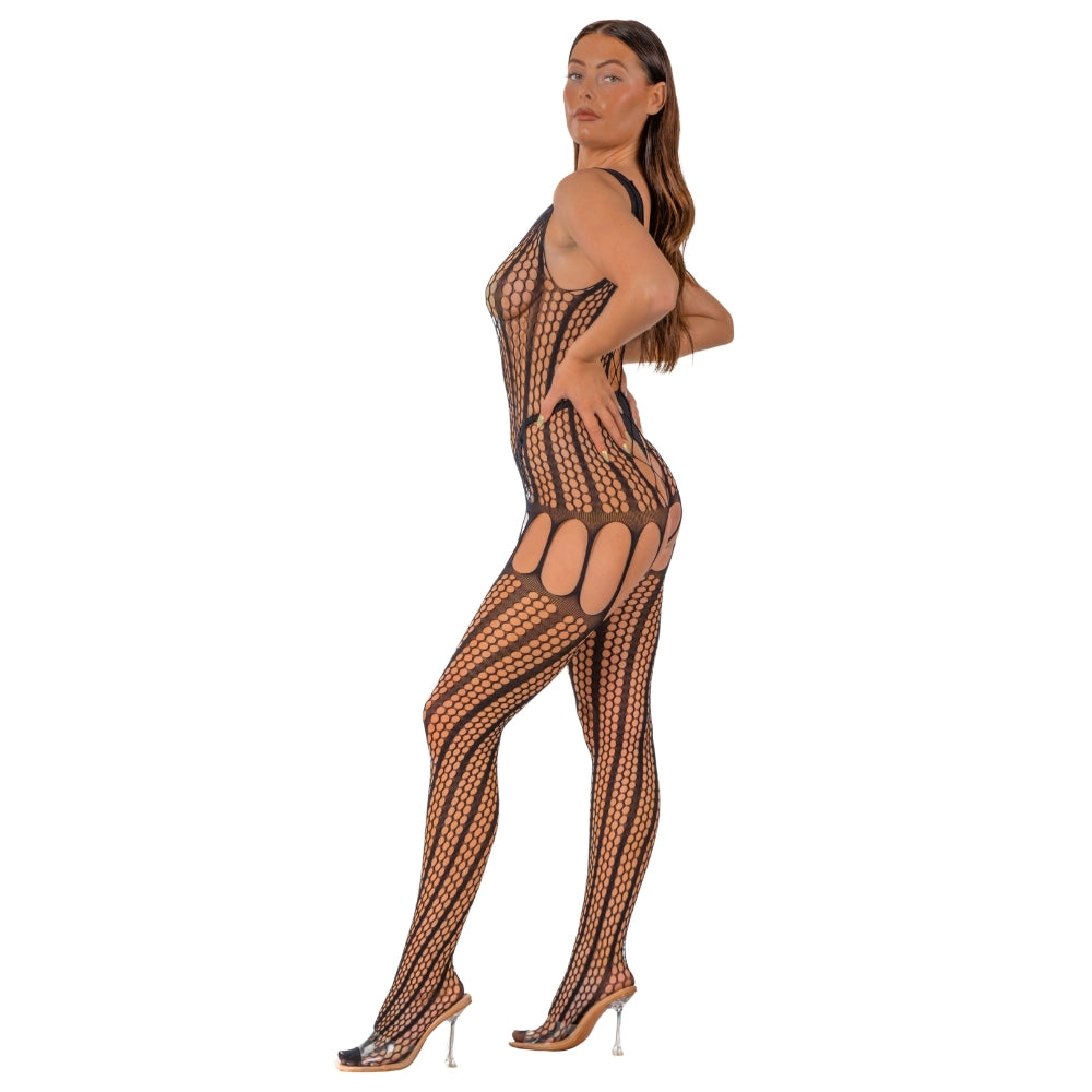 Lace by LJ – Bodystocking in Häkeloptik mit Schnürung am Rücken, schwarz