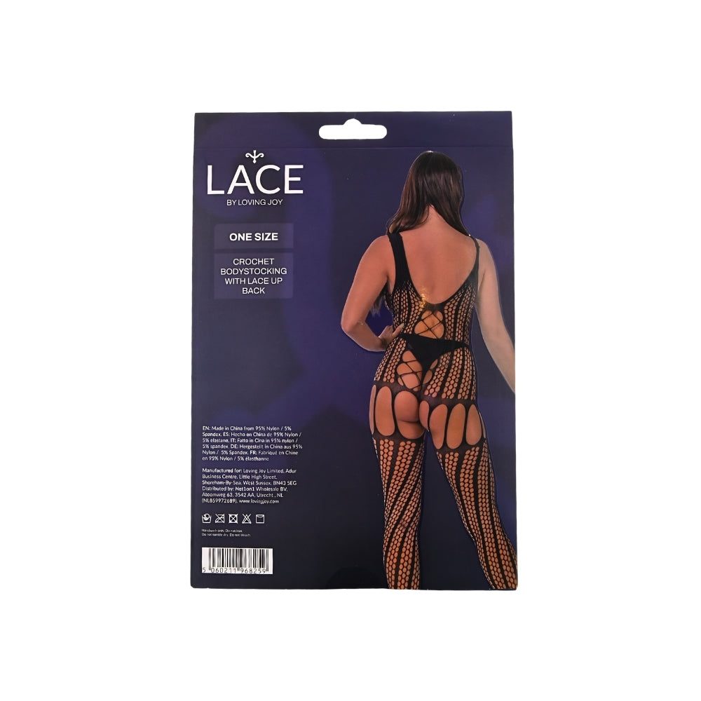 Lace by LJ – Bodystocking in Häkeloptik mit Schnürung am Rücken, schwarz