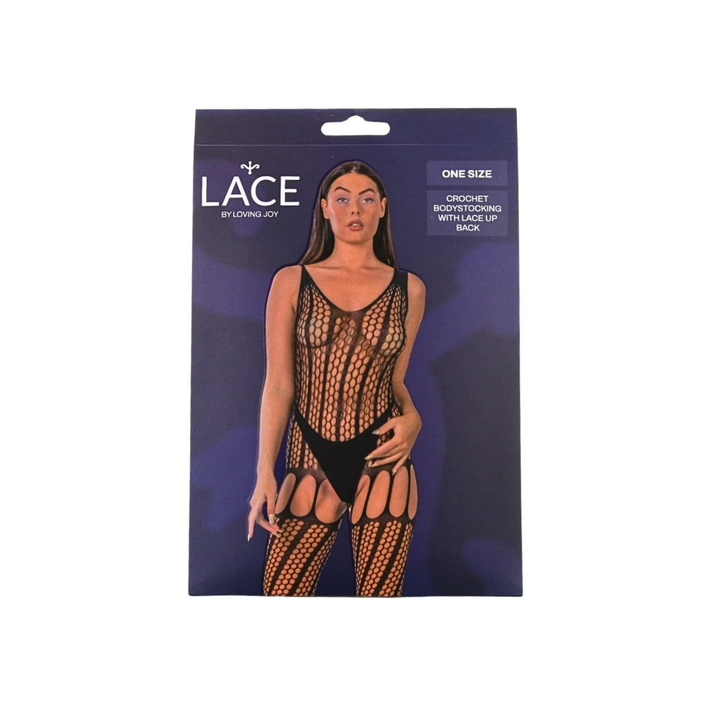 Lace by LJ – Bodystocking in Häkeloptik mit Schnürung am Rücken, schwarz