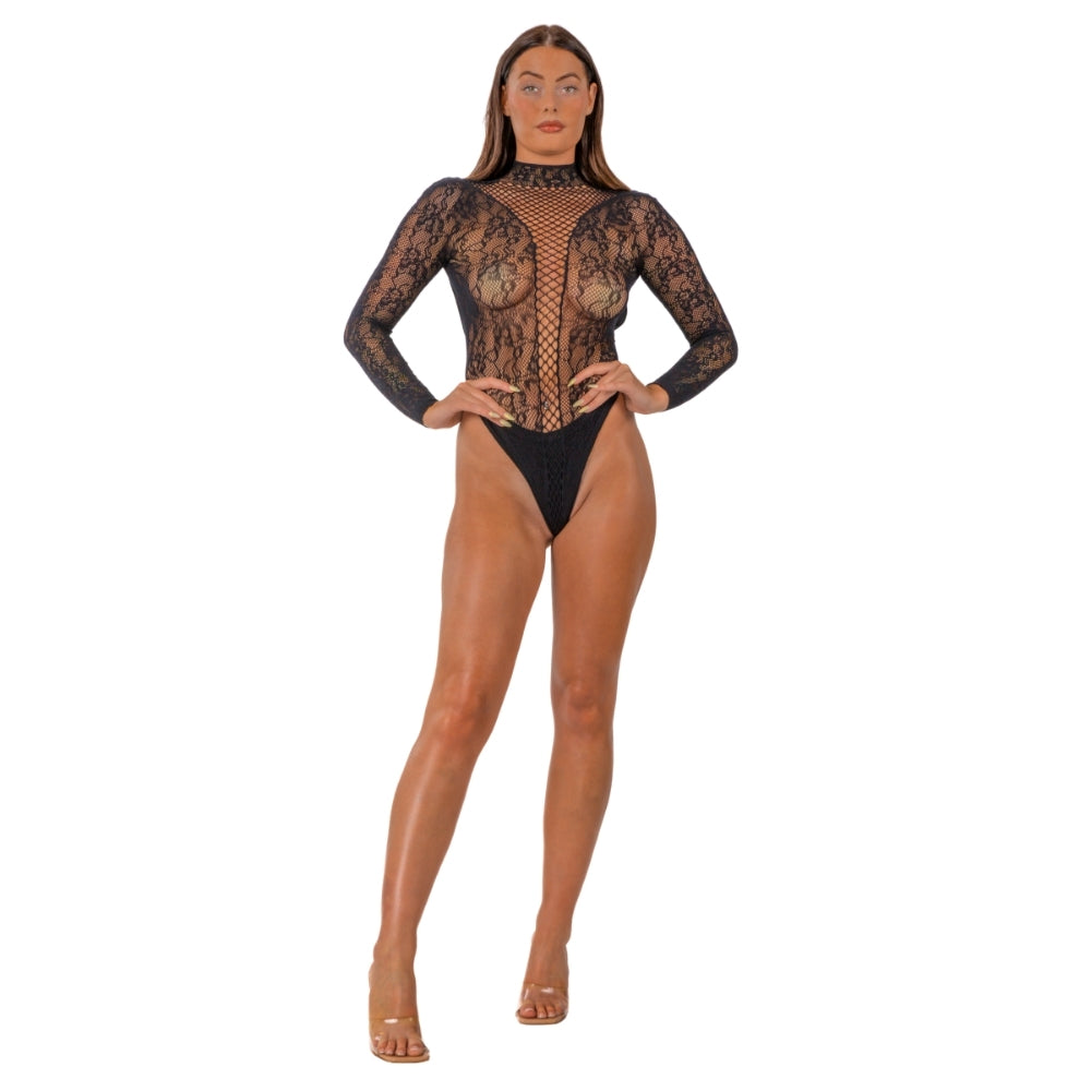Lace by LJ – Hochgeschlossener Spitzenbody, schwarz