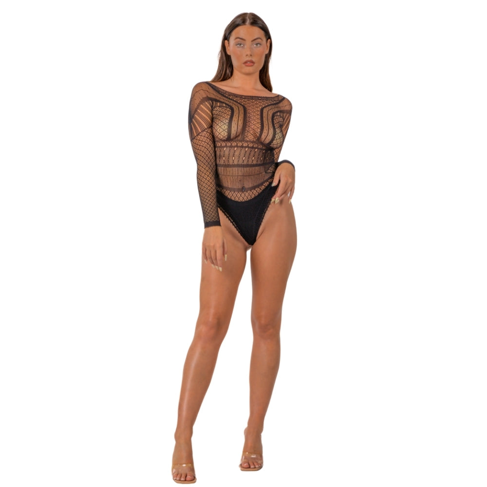 Lace by LJ – Nahtloser Langarm-Body aus Spitze, schwarz