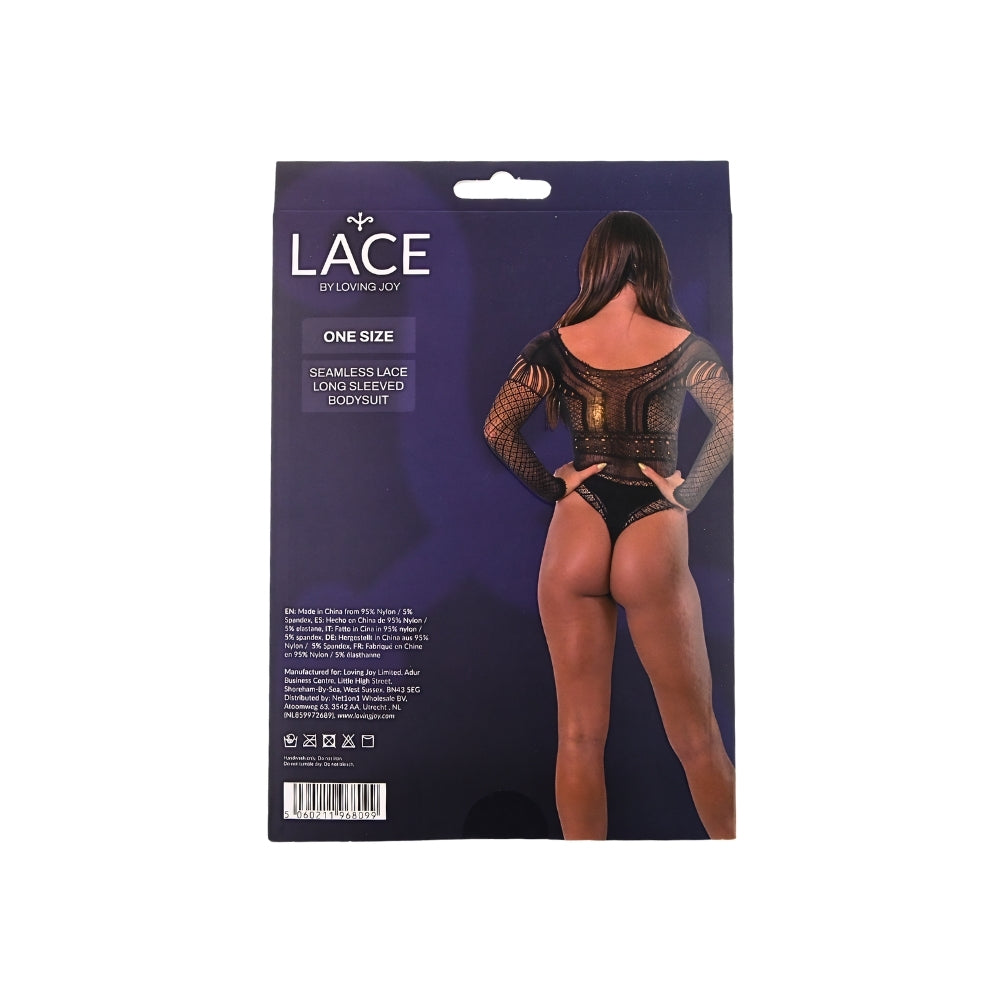 Lace by LJ – Nahtloser Langarm-Body aus Spitze, schwarz