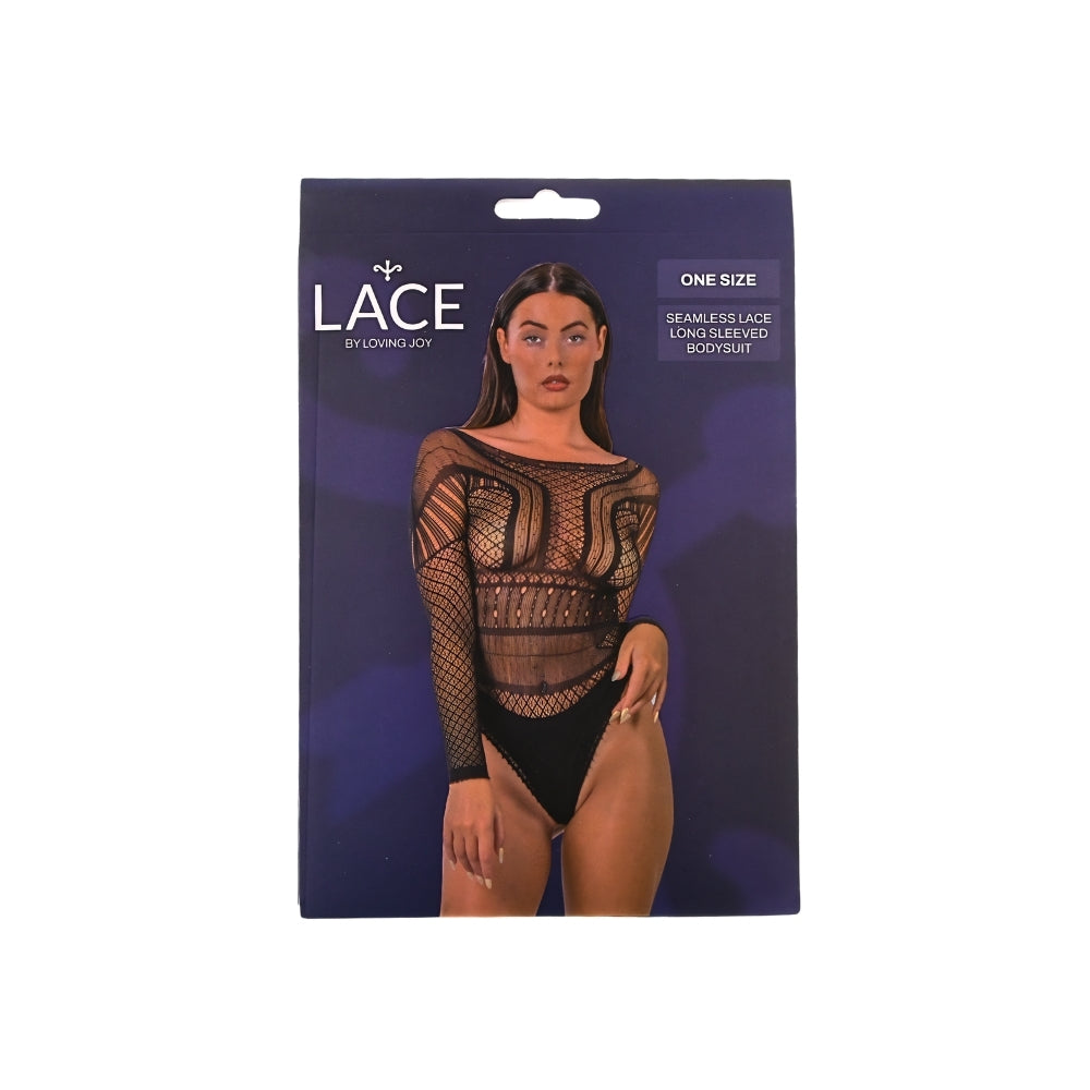 Lace by LJ – Nahtloser Langarm-Body aus Spitze, schwarz