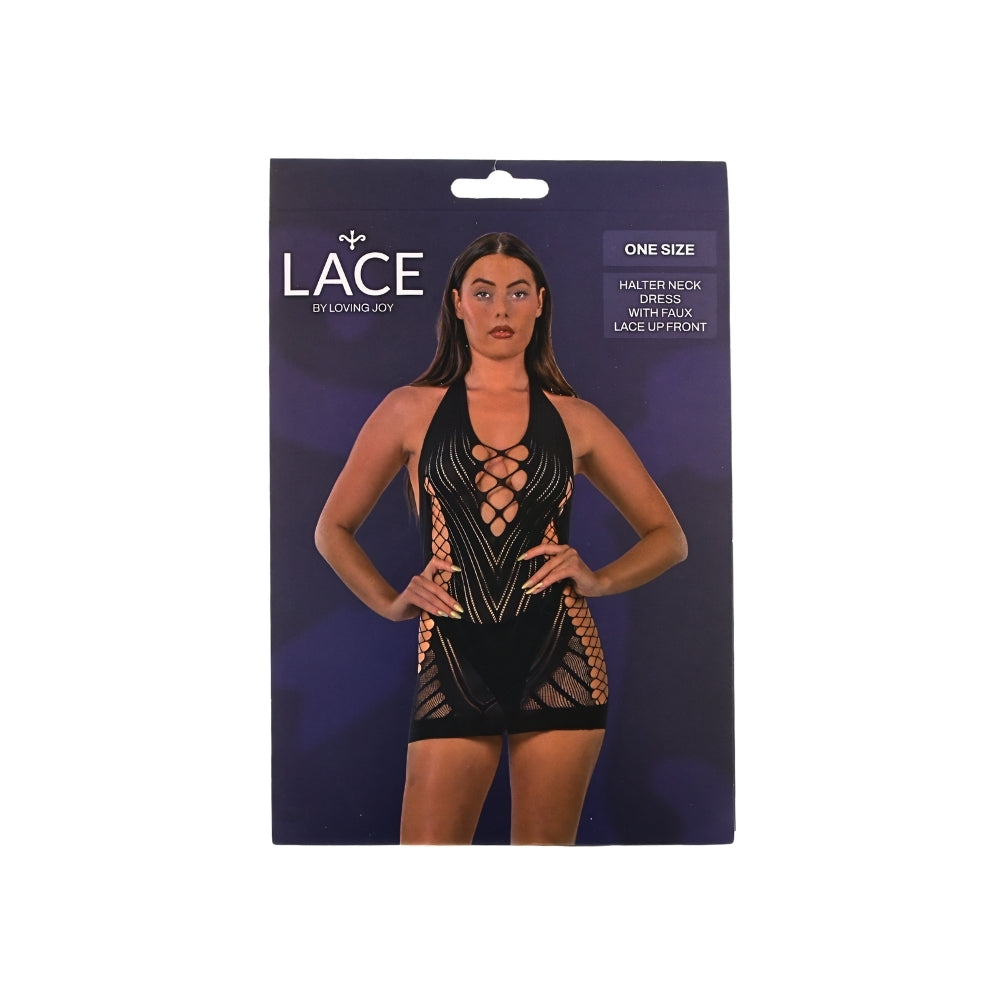 Lace by LJ – Neckholder-Kleid mit angedeuteter Schnürung vorne, schwarz
