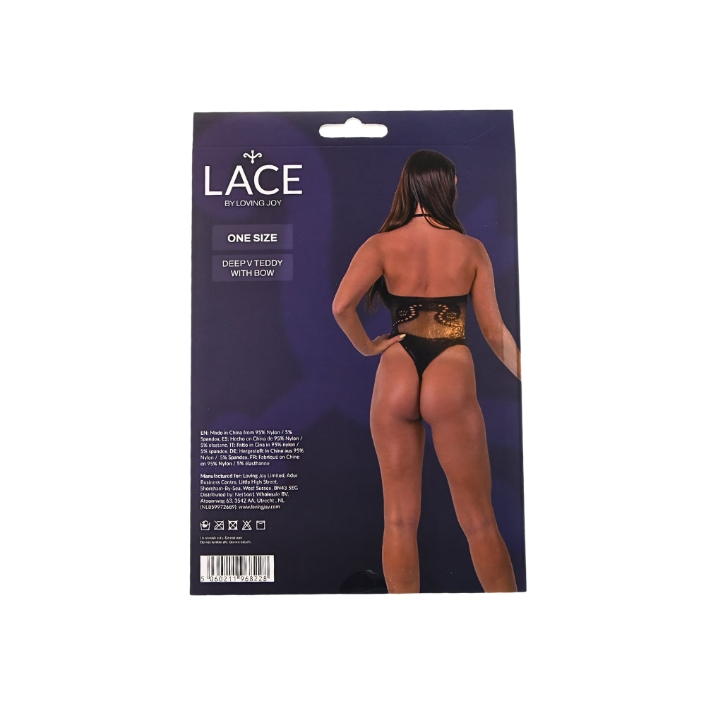 Lace by LJ – Body mit tiefem V-Ausschnitt und Schleife, schwarz