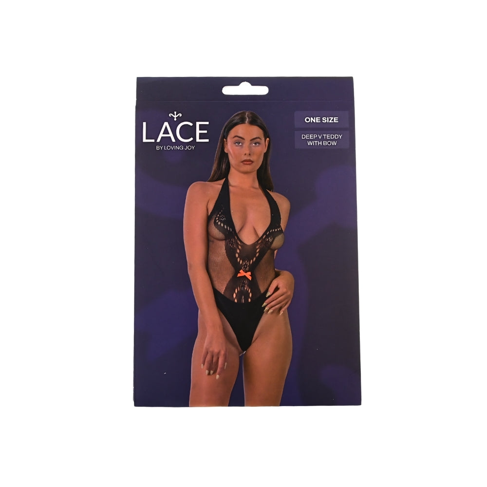 Lace by LJ – Body mit tiefem V-Ausschnitt und Schleife, schwarz