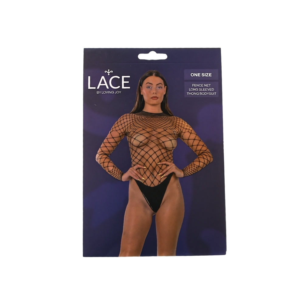 Lace by LJ – Langarm-Stringbody aus grobem Netz, schwarz