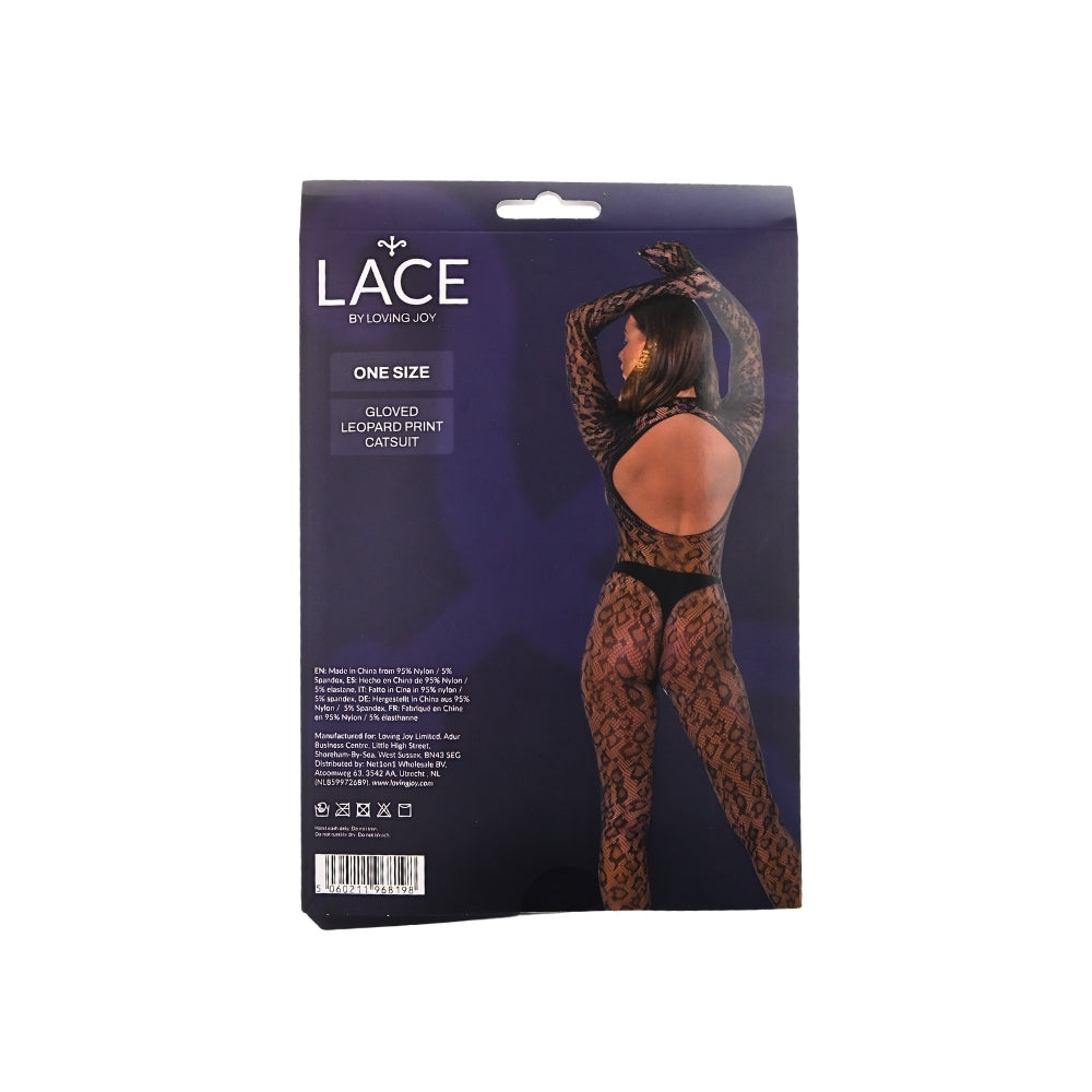 Lace by LJ – Catsuit mit Handschuhen und Leopardenmuster, schwarz