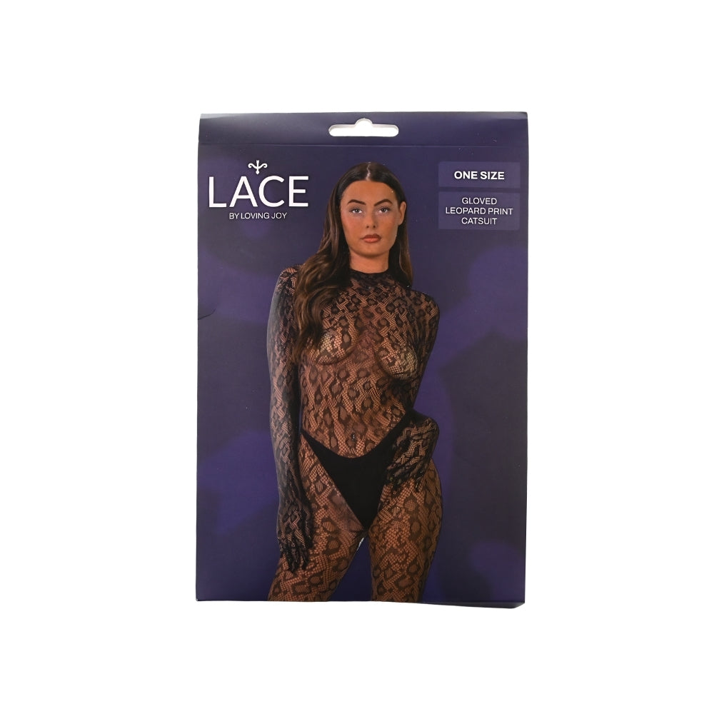 Lace by LJ – Catsuit mit Handschuhen und Leopardenmuster, schwarz