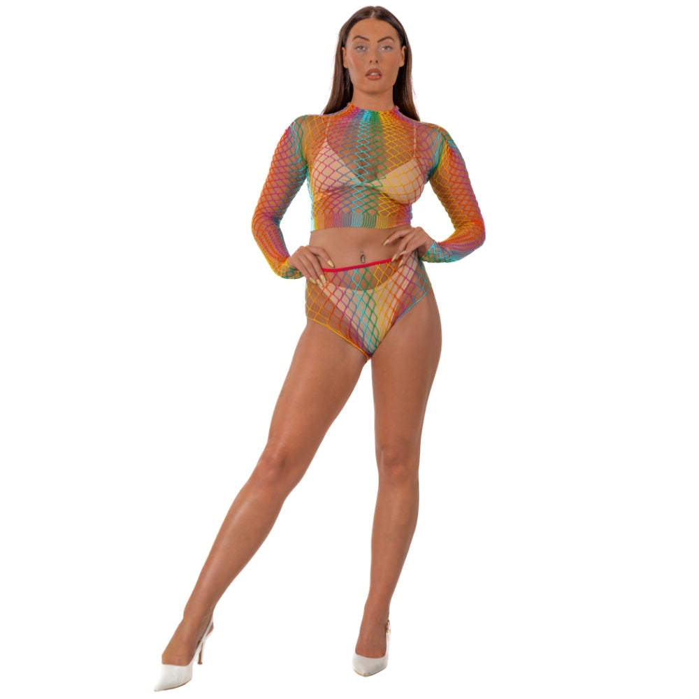 Lace by LJ – Crop-Top und Unterteil aus grobem Netz im Regenbogen-Design
