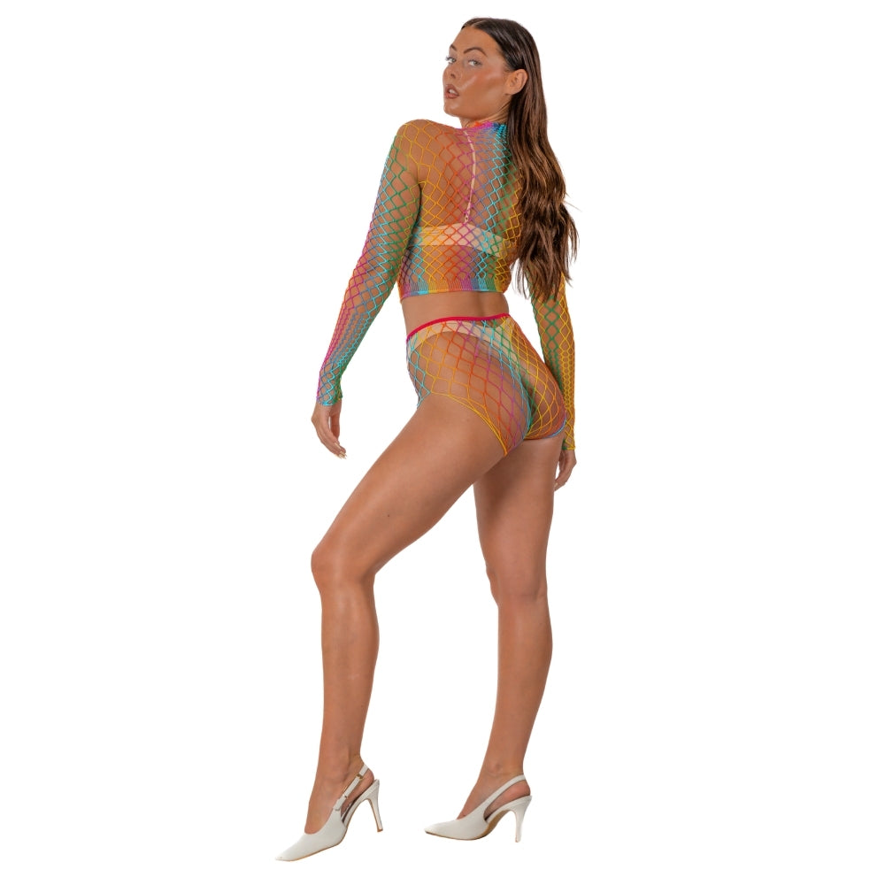 Lace by LJ – Crop-Top und Unterteil aus grobem Netz im Regenbogen-Design