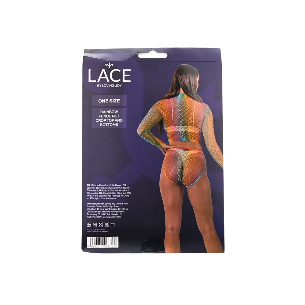 Lace by LJ – Crop-Top und Unterteil aus grobem Netz im Regenbogen-Design