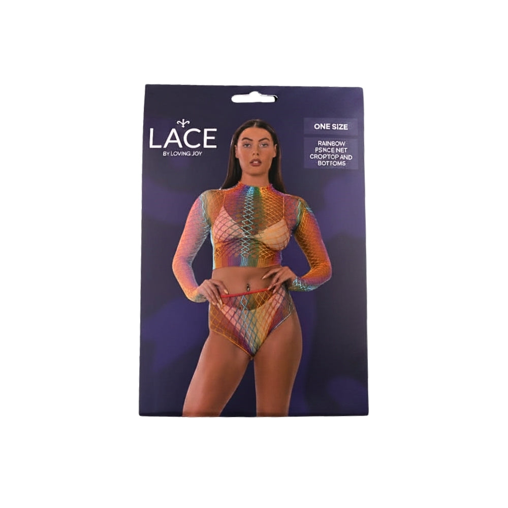 Lace by LJ – Crop-Top und Unterteil aus grobem Netz im Regenbogen-Design