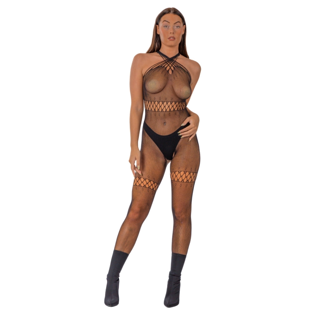 Lace by LJ Bodystocking mit gekreuztem Ausschnitt und offenem Schritt