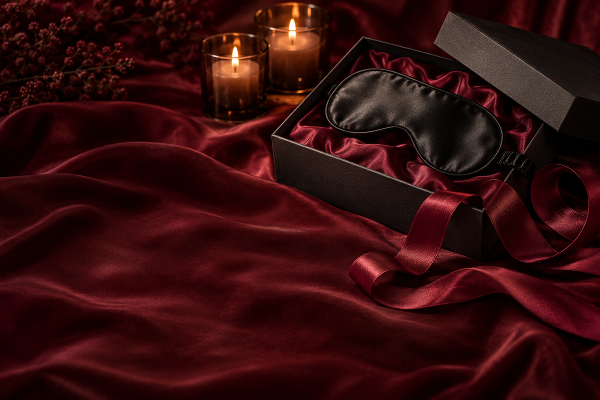 Schwarze Satin-Augenmaske in einer geöffneten Geschenkbox auf weinrotem Stoff mit Satinband und Kerzenlicht.