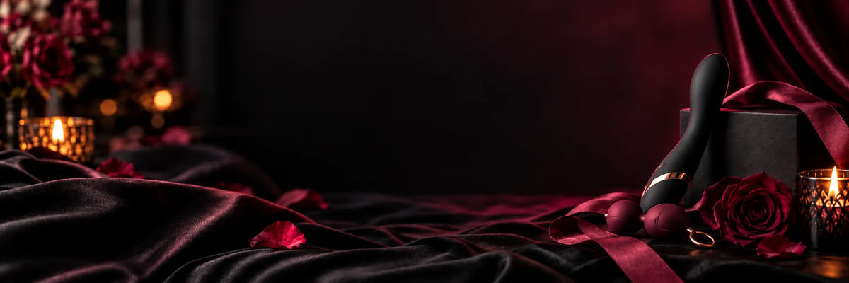 Schwarze und bordeauxrote Satinstoffe mit Sextoys, Rose und warmem Kerzenlicht.
