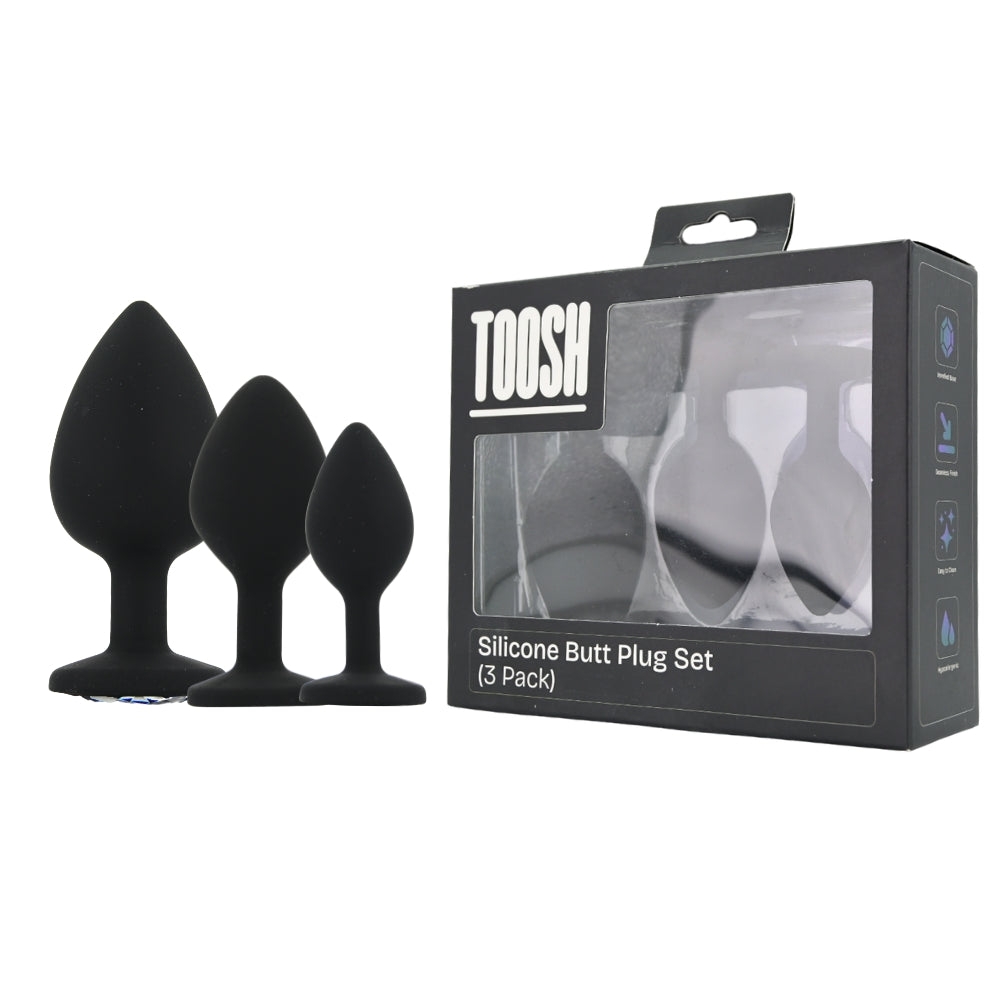 Toosh Silikon-Analplug, schwarz, 3er-Set mit klaren Steinen