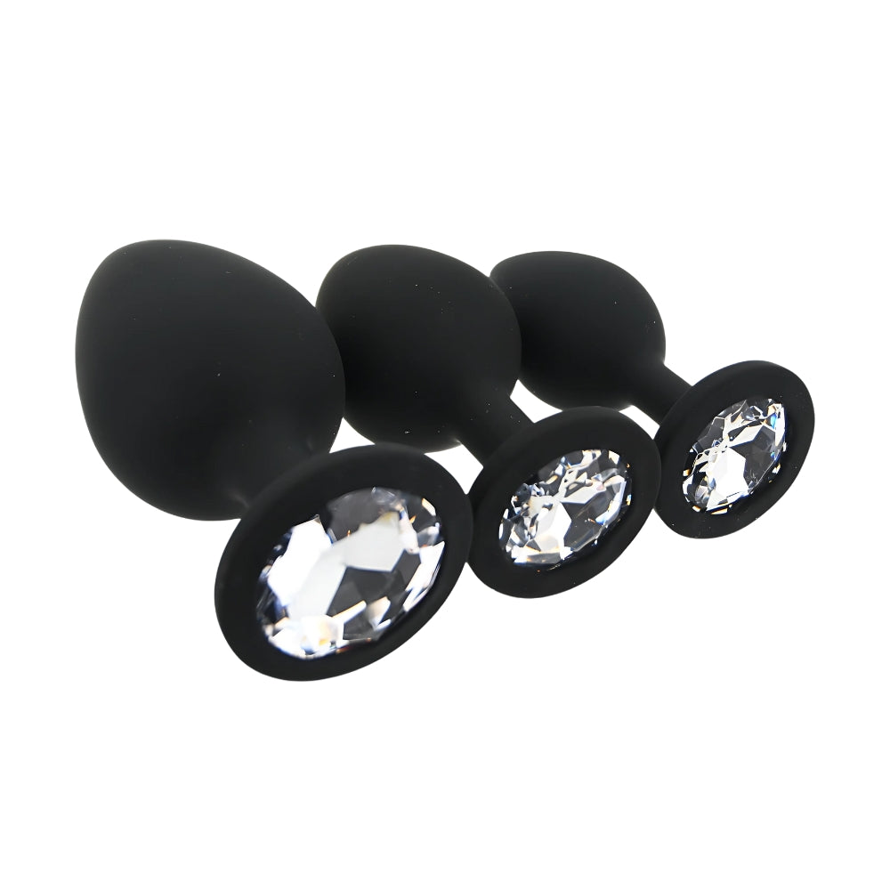 Toosh Silikon-Analplug, schwarz, 3er-Set mit klaren Steinen